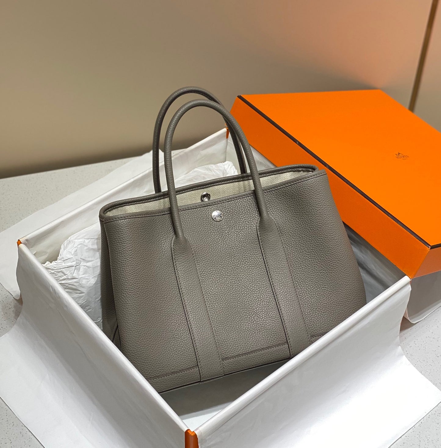 Hermes Garden Party 30 Bag In Etain Taurillon Clemence Leather