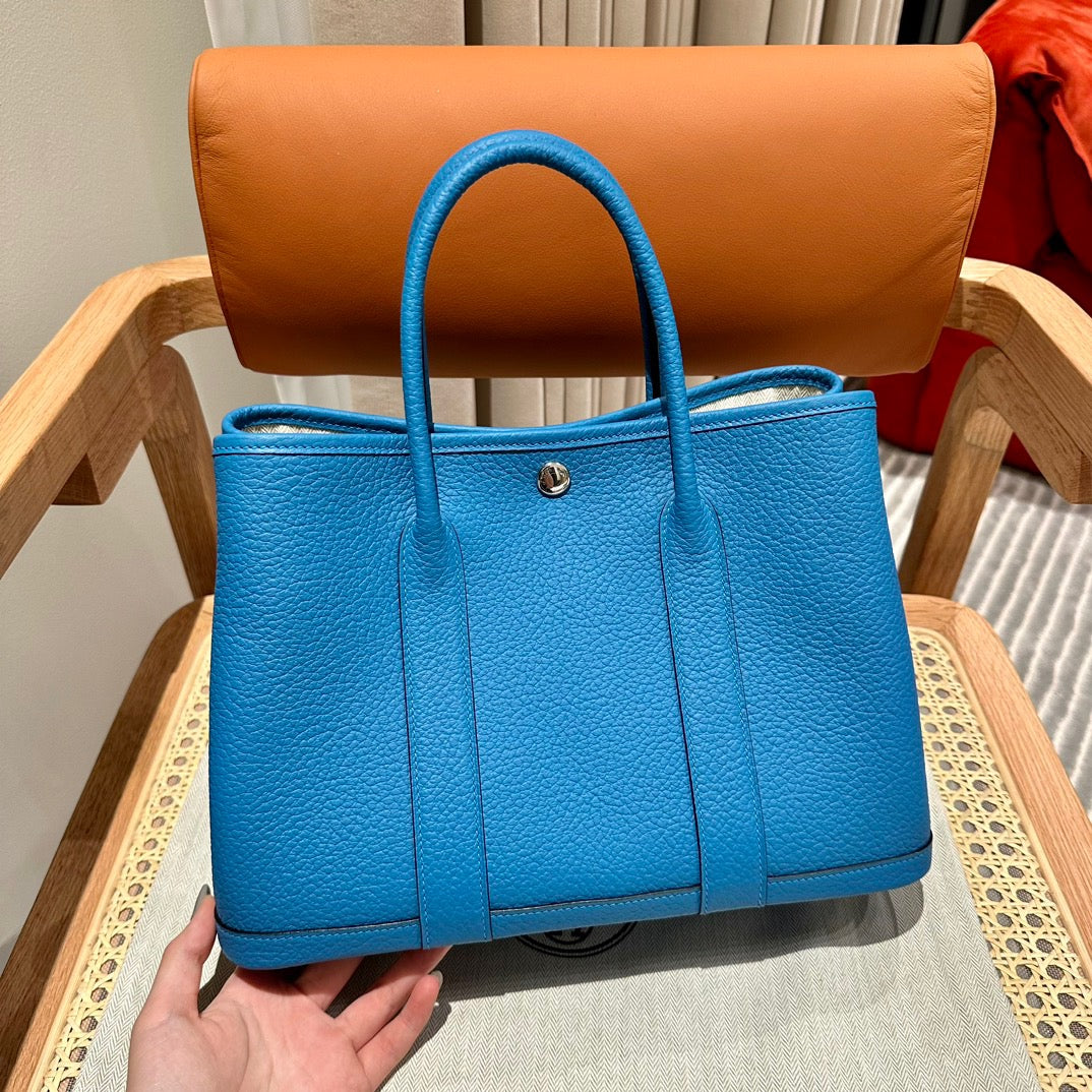 Hermes Garden Party 30 Bag In Florida Blue Taurillon Clemence Leather