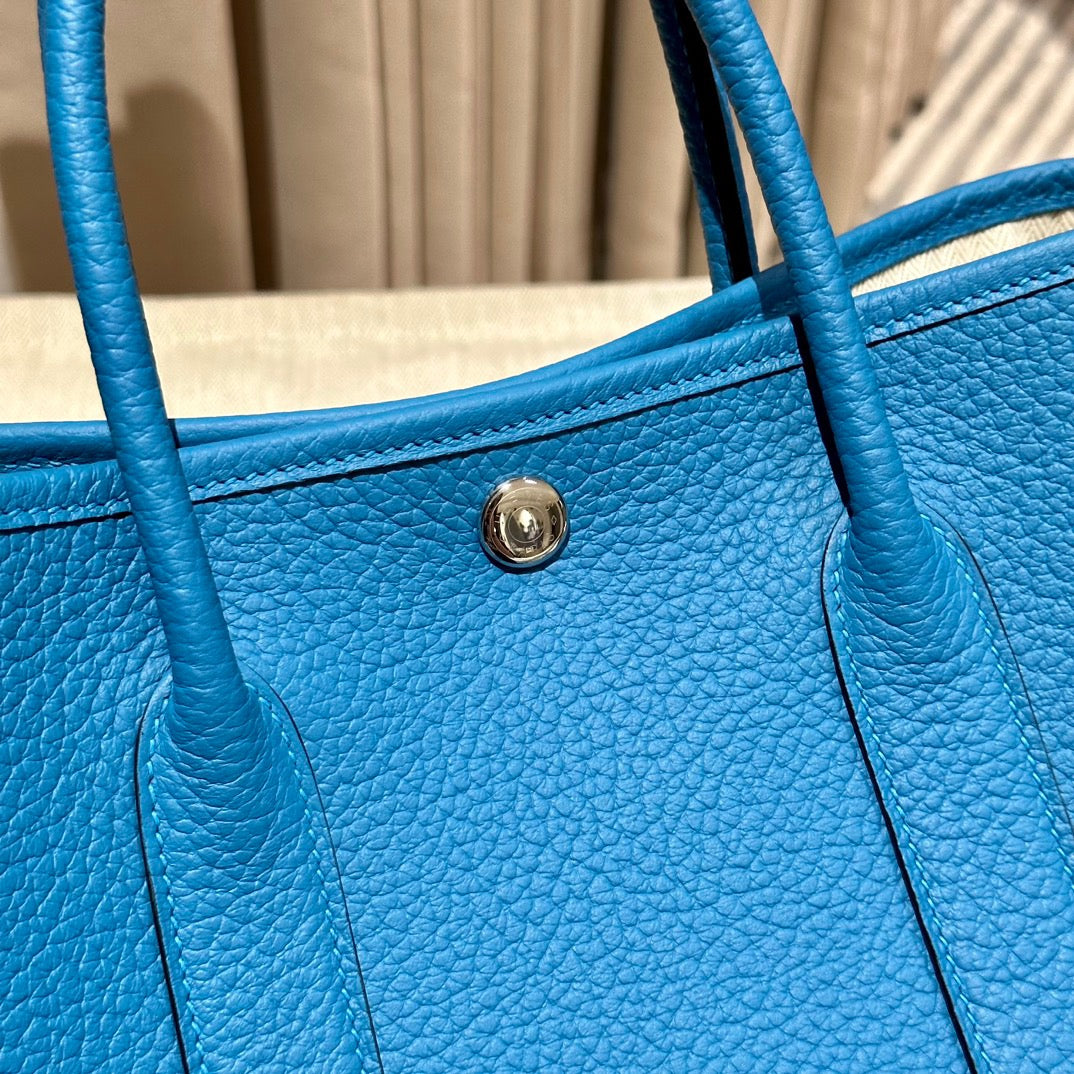 Hermes Garden Party 30 Bag In Florida Blue Taurillon Clemence Leather