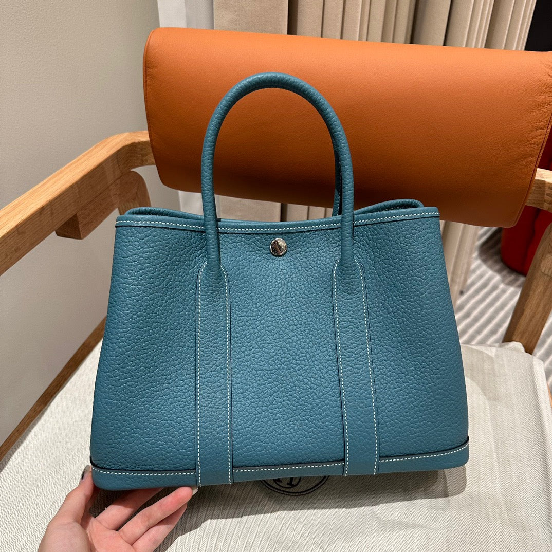 Hermes Garden Party 30 Bag In Blue Jean Taurillon Clemence Leather