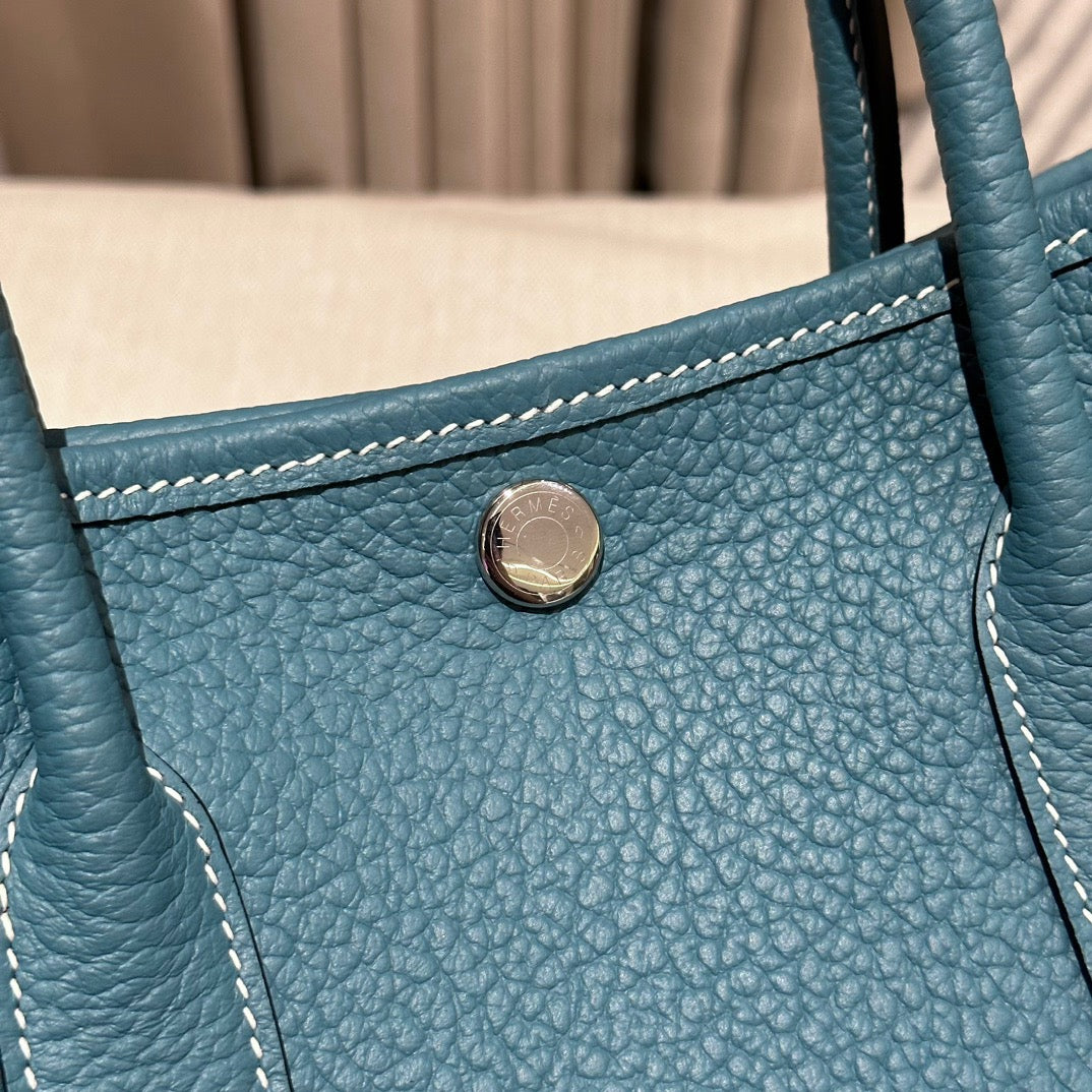 Hermes Garden Party 30 Bag In Blue Jean Taurillon Clemence Leather