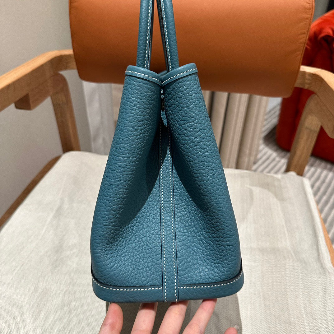 Hermes Garden Party 30 Bag In Blue Jean Taurillon Clemence Leather