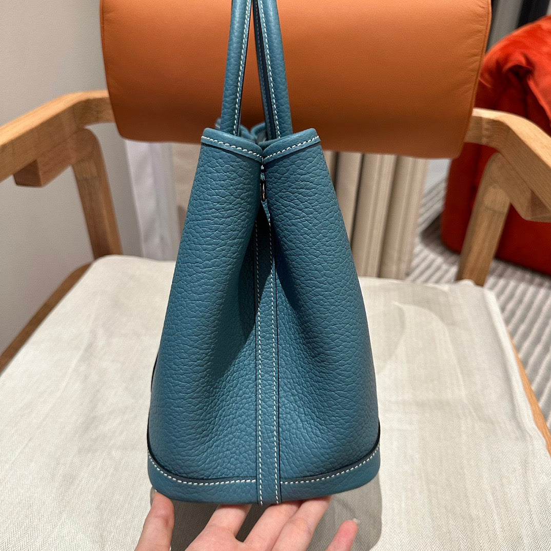 Hermes Garden Party 30 Bag In Blue Jean Taurillon Clemence Leather