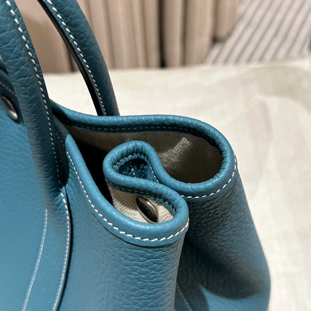 Hermes Garden Party 30 Bag In Blue Jean Taurillon Clemence Leather