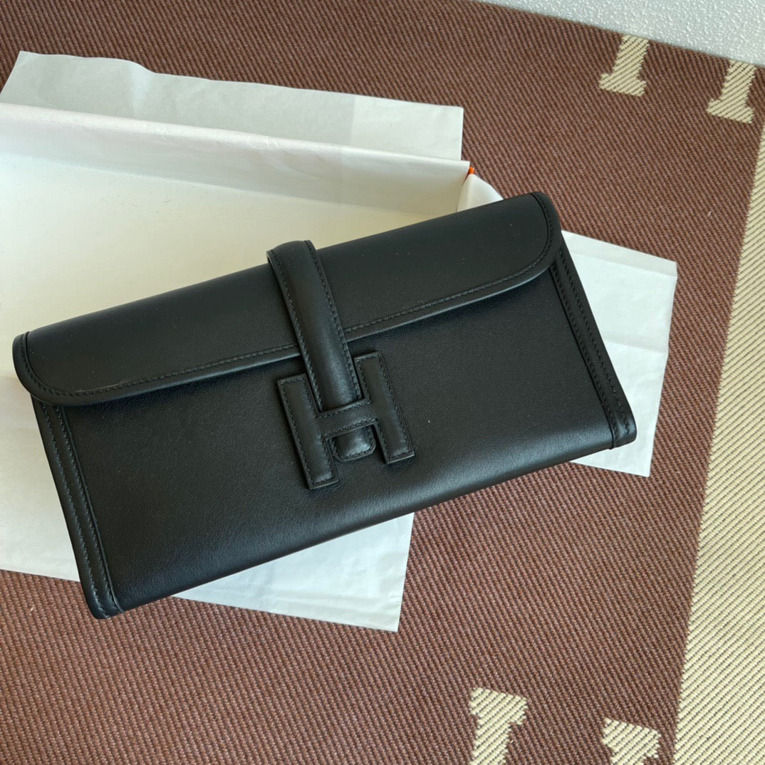 Hermes Jige Elan 29 Clutch Bag In Black Swift Leather