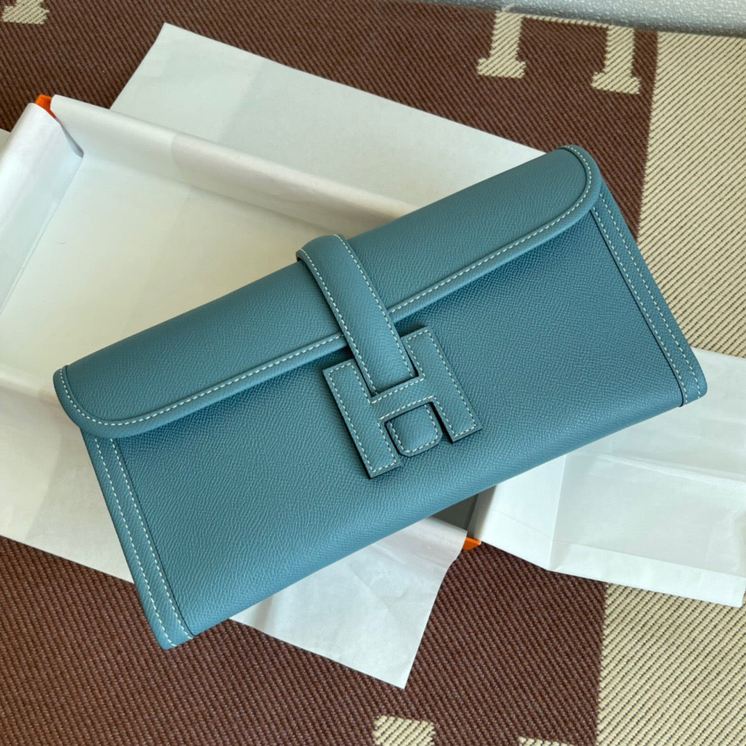 Hermes Jige Elan 29 Clutch Bag In Blue Jean Epsom Leather