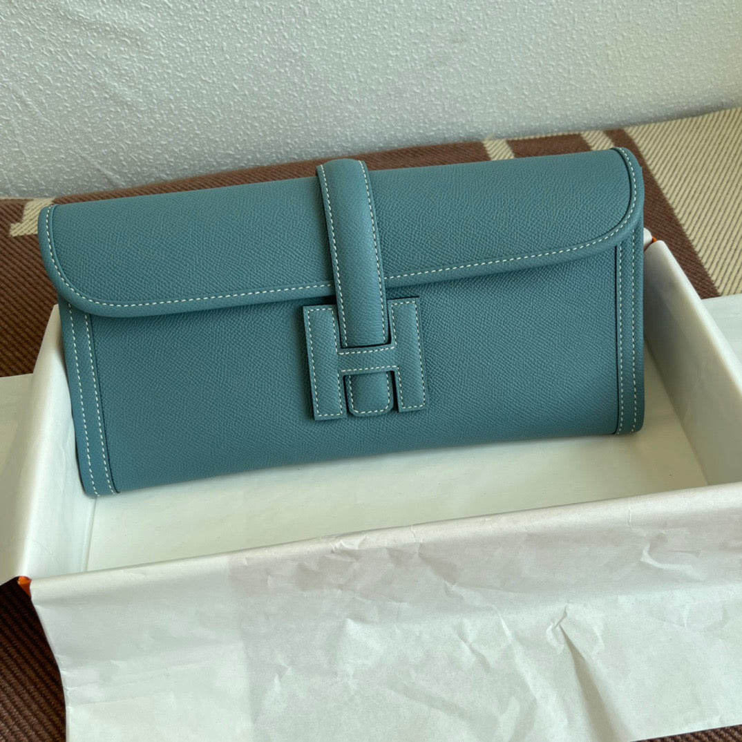 Hermes Jige Elan 29 Clutch Bag In Blue Jean Epsom Leather