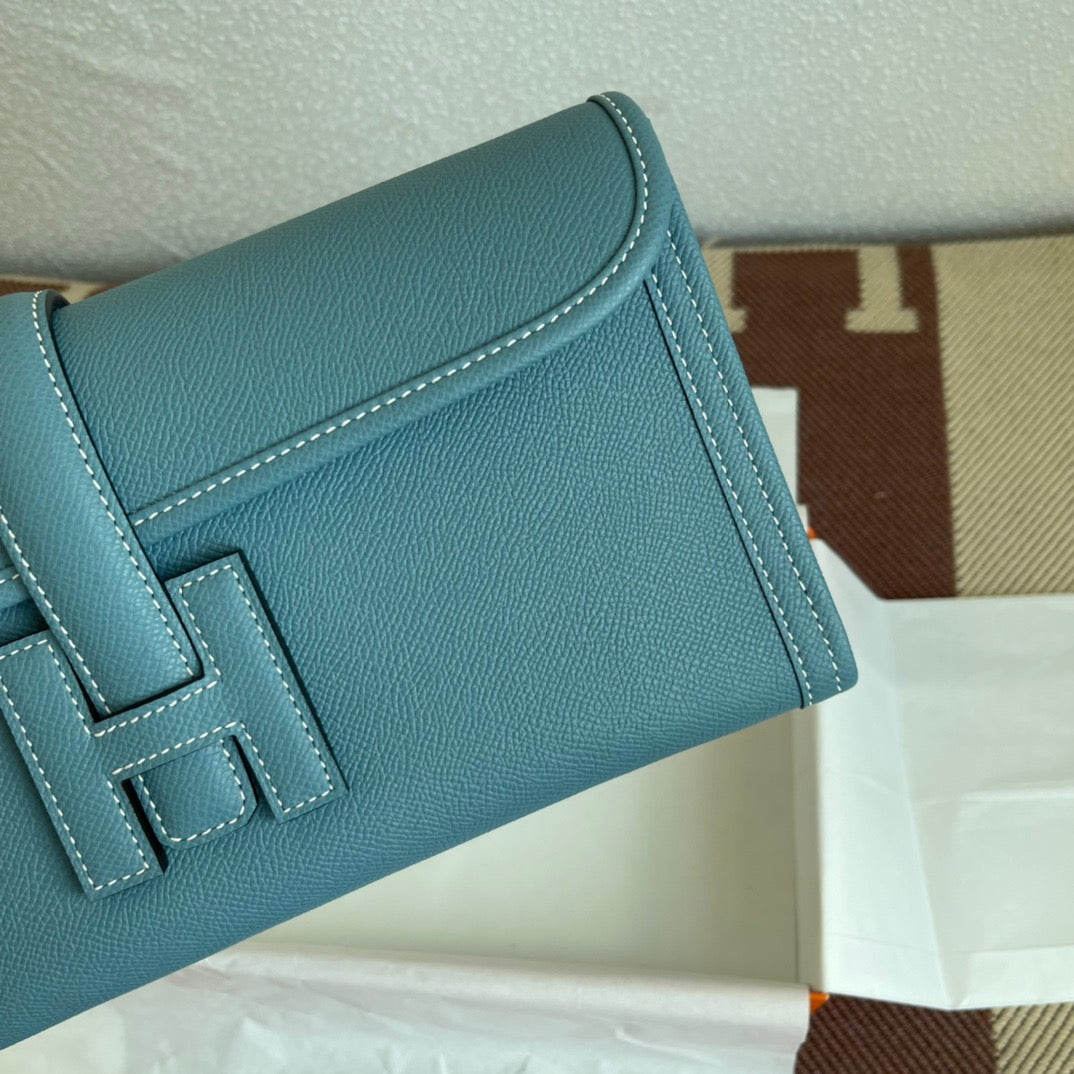 Hermes Jige Elan 29 Clutch Bag In Blue Jean Epsom Leather