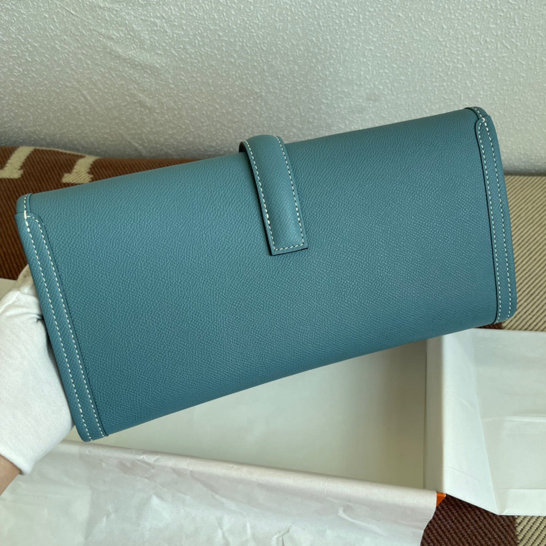 Hermes Jige Elan 29 Clutch Bag In Blue Jean Epsom Leather