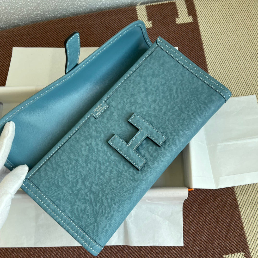 Hermes Jige Elan 29 Clutch Bag In Blue Jean Epsom Leather