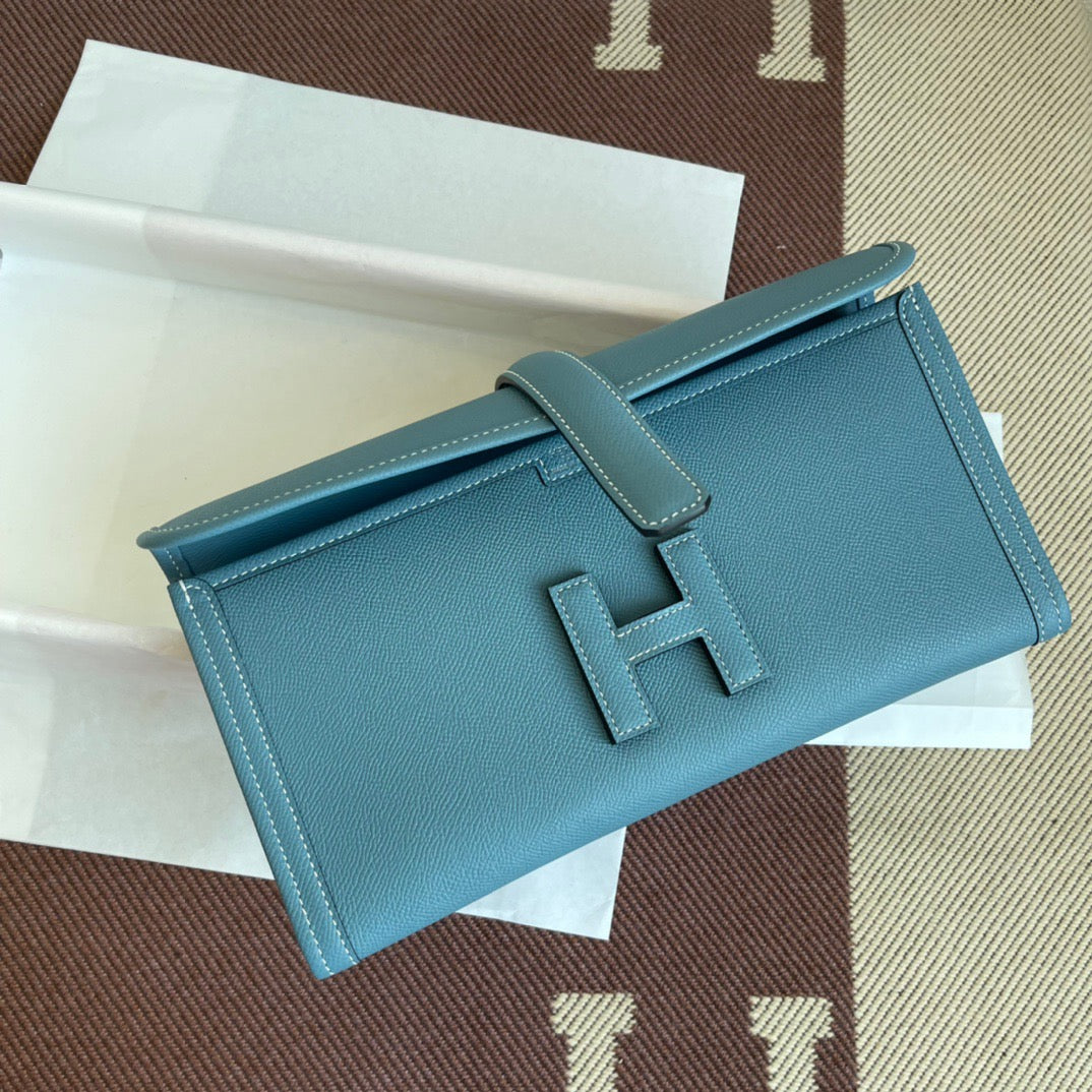 Hermes Jige Elan 29 Clutch Bag In Blue Jean Epsom Leather