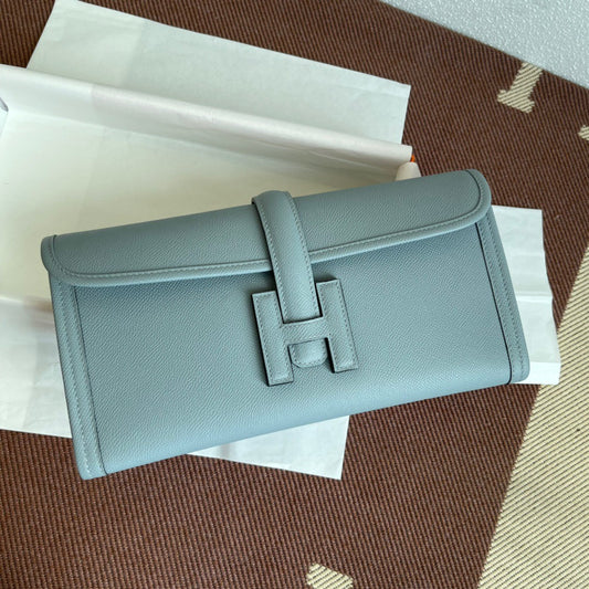 Hermes Jige Elan 29 Clutch Bag In Linen Blue Epsom Leather