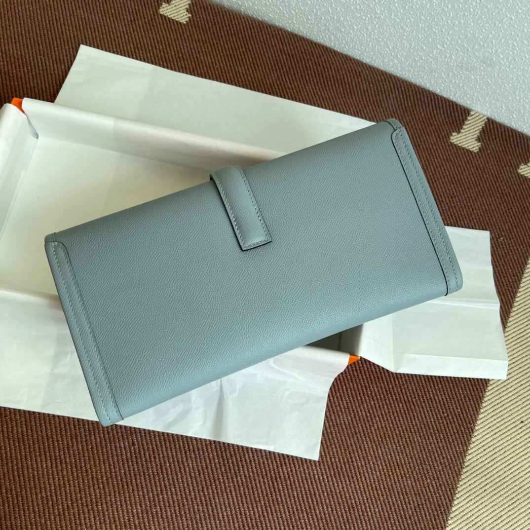 Hermes Jige Elan 29 Clutch Bag In Linen Blue Epsom Leather