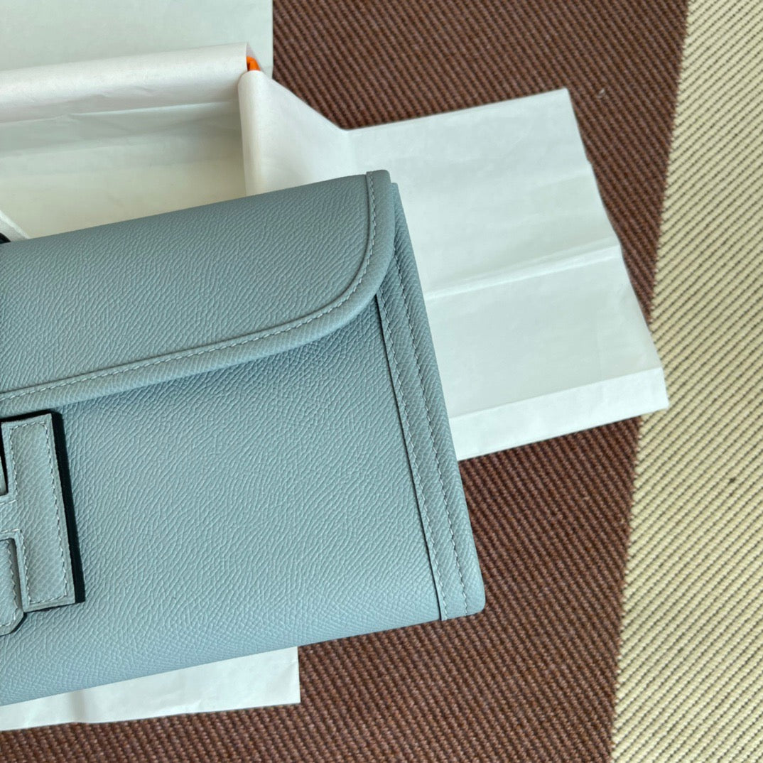 Hermes Jige Elan 29 Clutch Bag In Linen Blue Epsom Leather