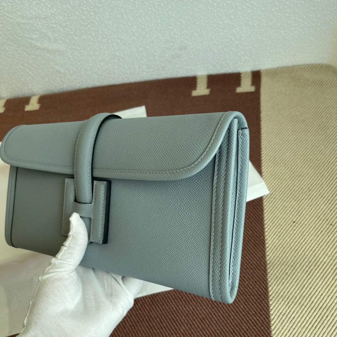 Hermes Jige Elan 29 Clutch Bag In Linen Blue Epsom Leather