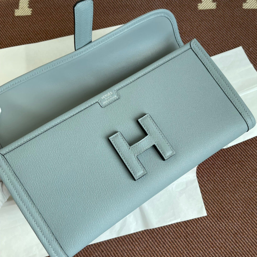 Hermes Jige Elan 29 Clutch Bag In Linen Blue Epsom Leather