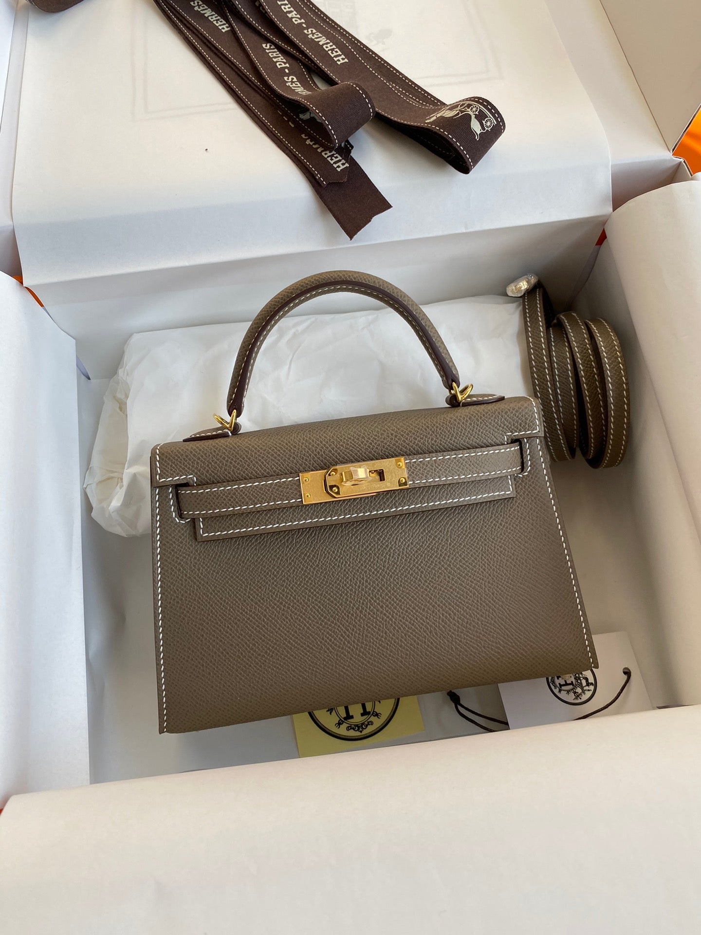 Hermes Kelly Mini II Sellier Bag In Etoupe Epsom Leather