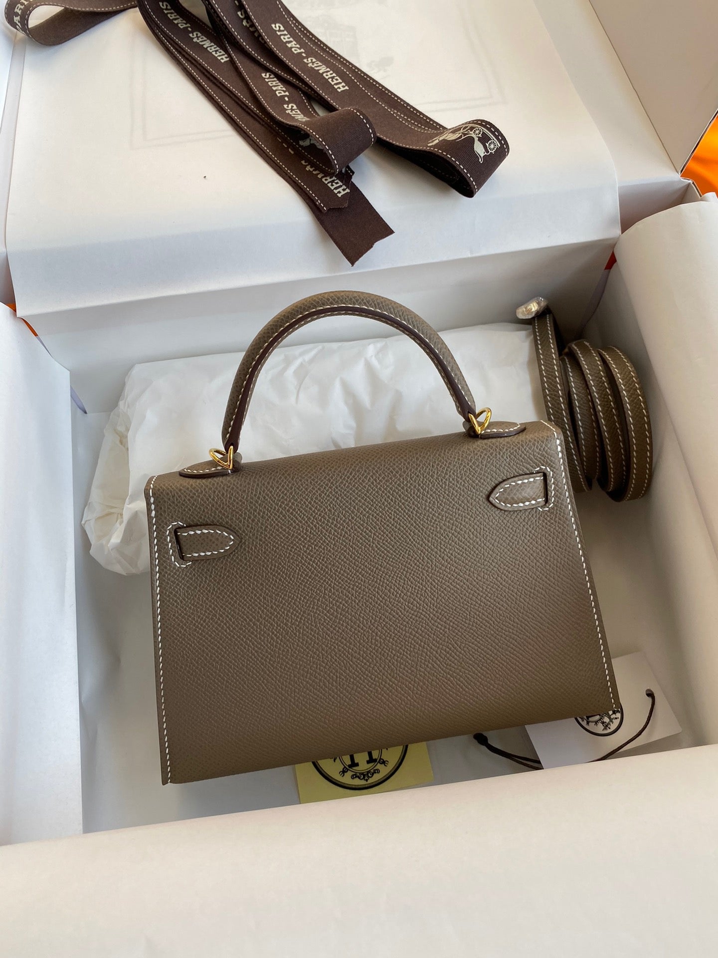 Hermes Kelly Mini II Sellier Bag In Etoupe Epsom Leather