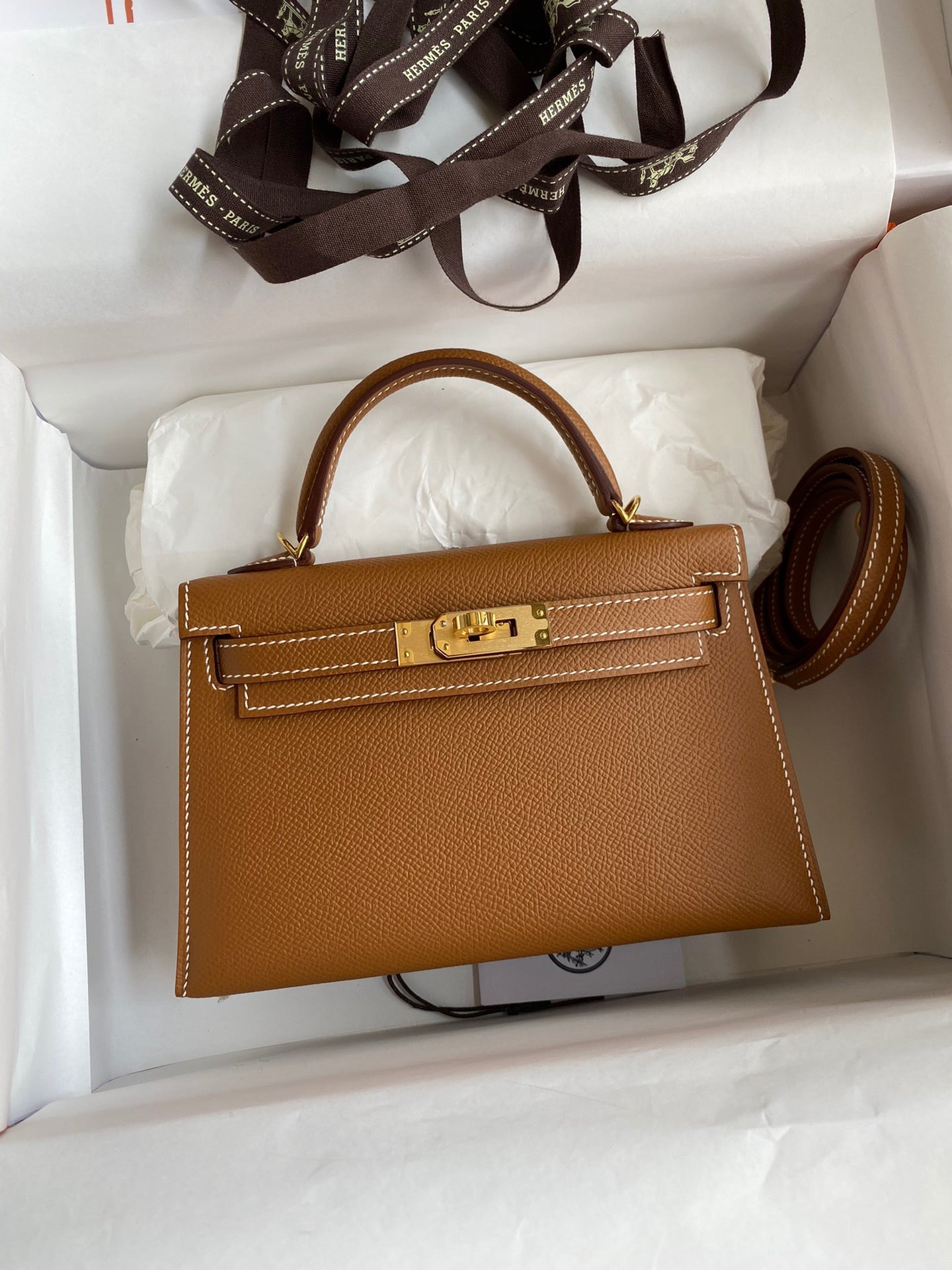 Hermes Kelly Mini II Sellier Bag In Golden Brown Epsom Leather