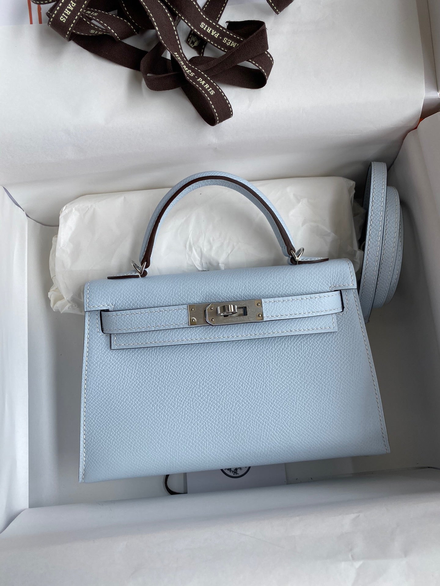 Hermes Kelly Mini II Sellier Bag In Blue Brume Epsom Leather