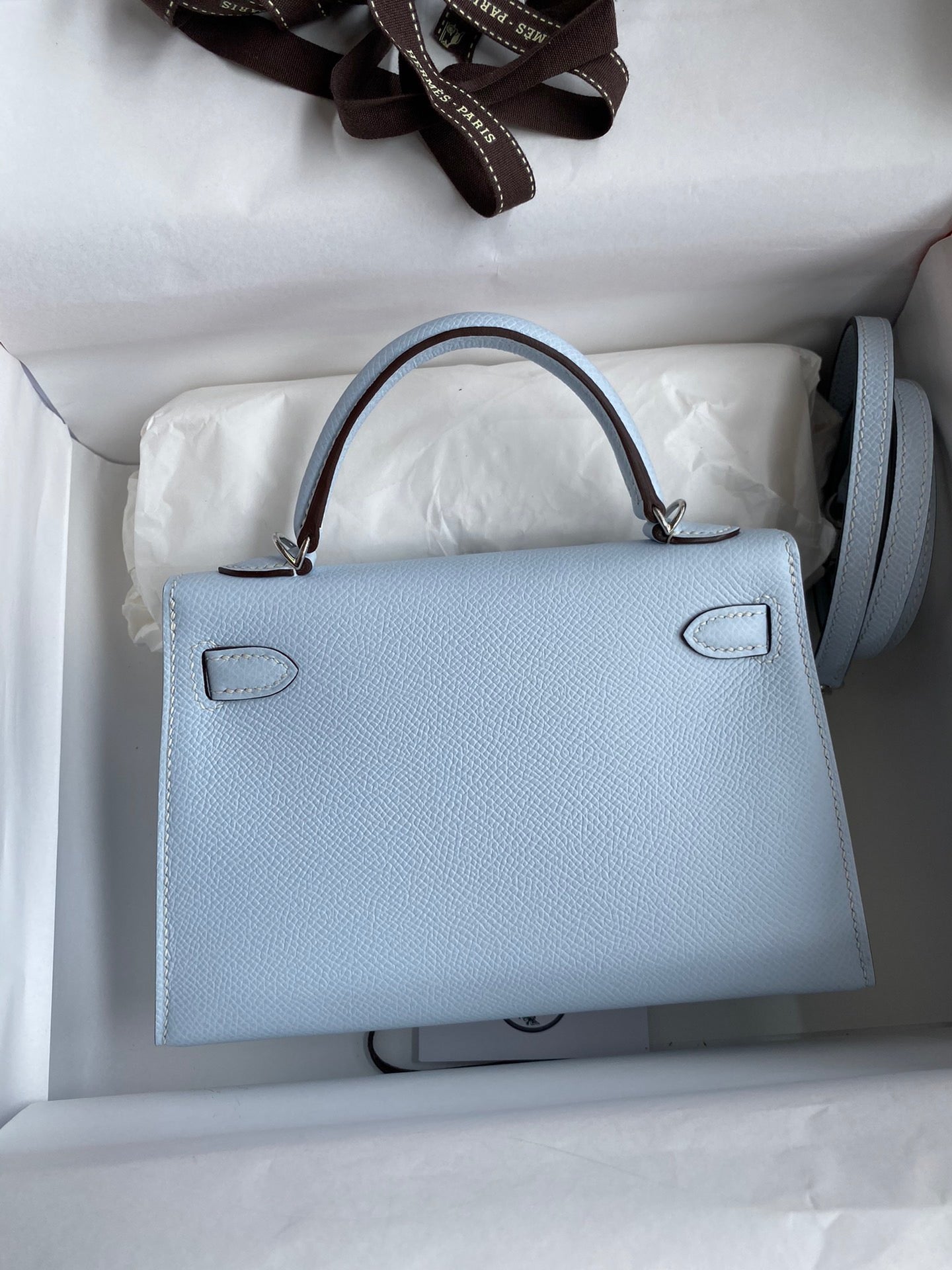 Hermes Kelly Mini II Sellier Bag In Blue Brume Epsom Leather