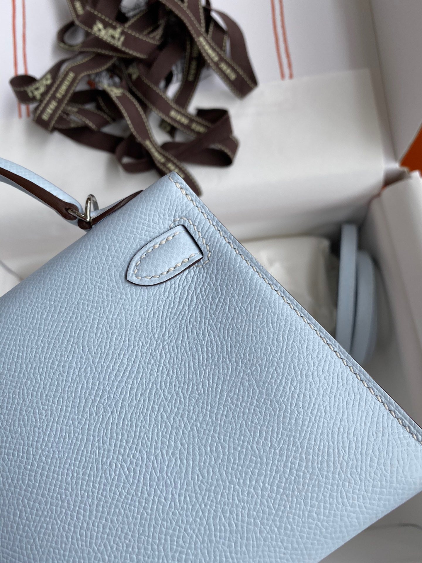 Hermes Kelly Mini II Sellier Bag In Blue Brume Epsom Leather