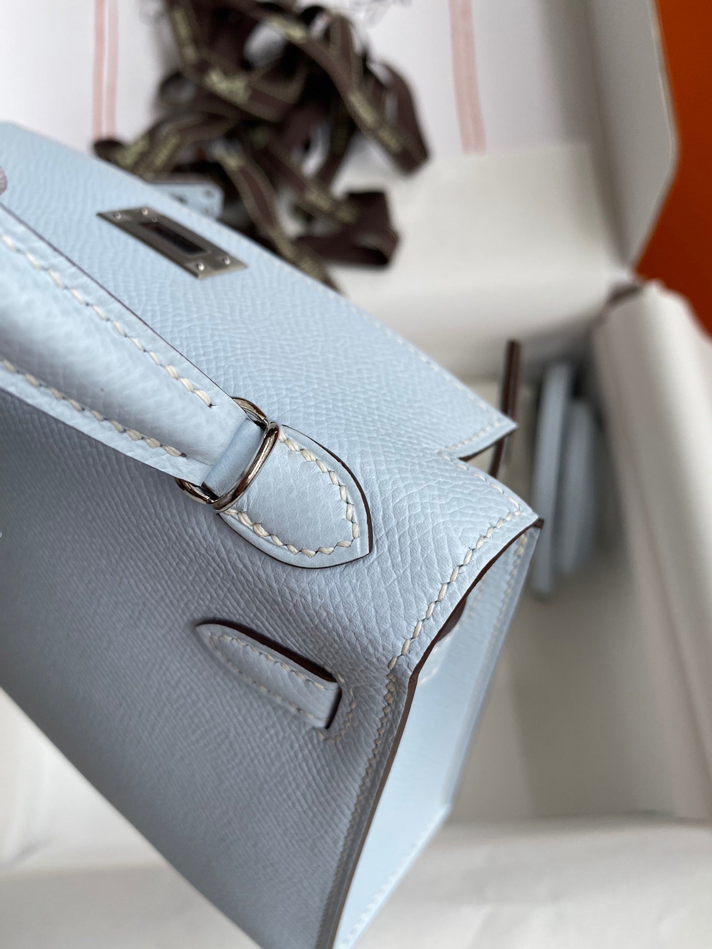 Hermes Kelly Mini II Sellier Bag In Blue Brume Epsom Leather