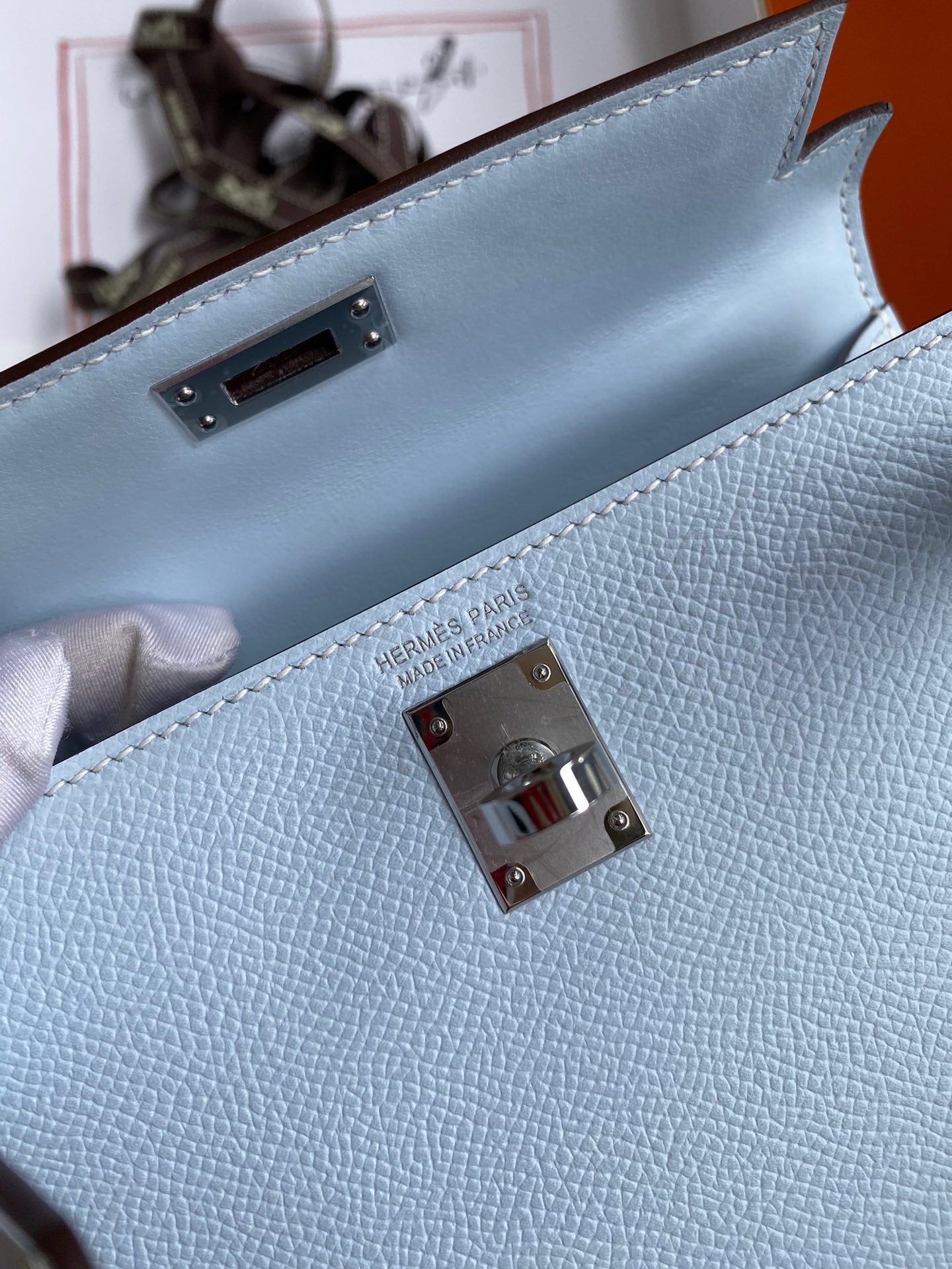 Hermes Kelly Mini II Sellier Bag In Blue Brume Epsom Leather