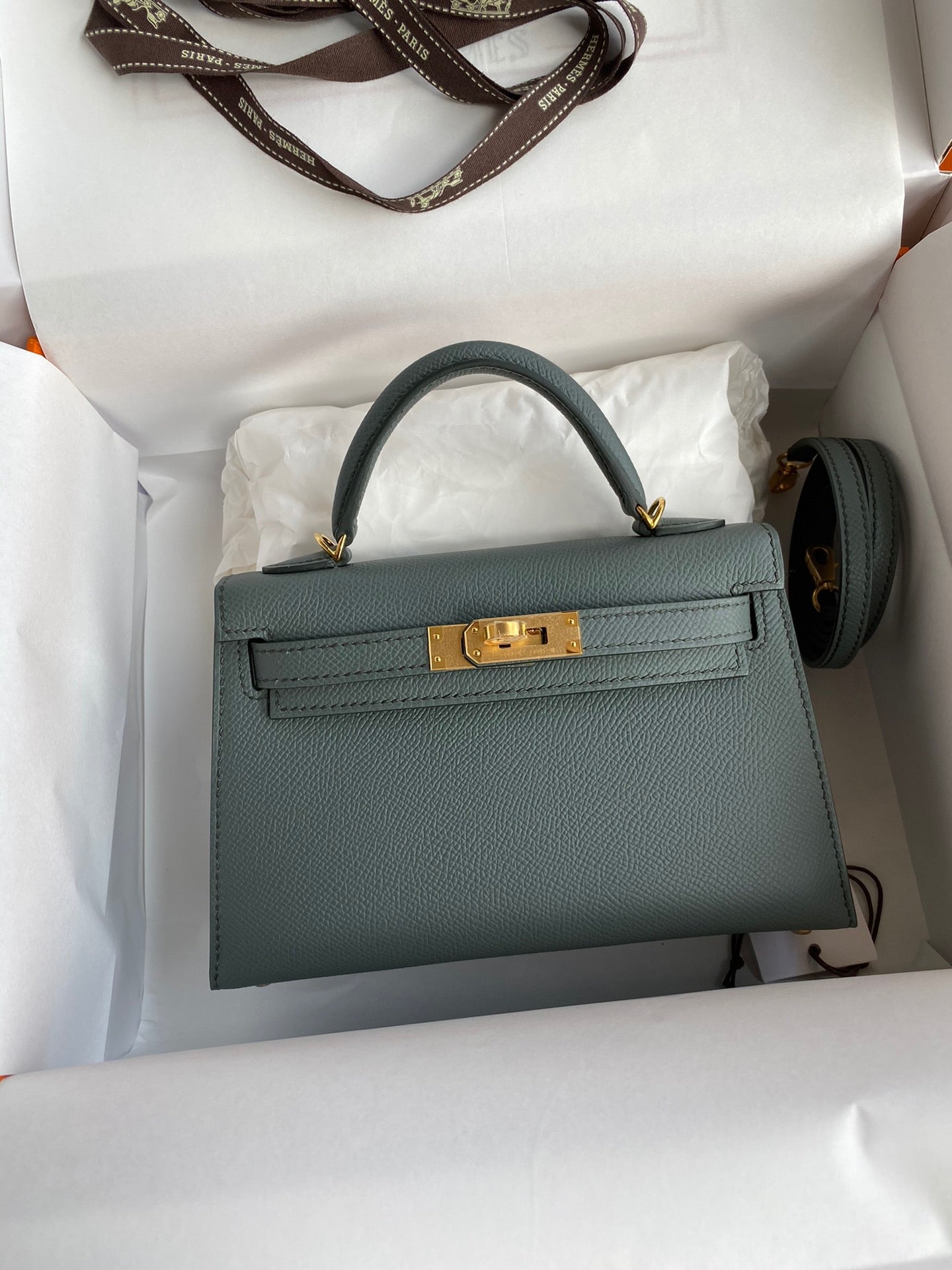 Hermes Kelly Mini II Sellier Bag In Vert Amande Epsom Leather