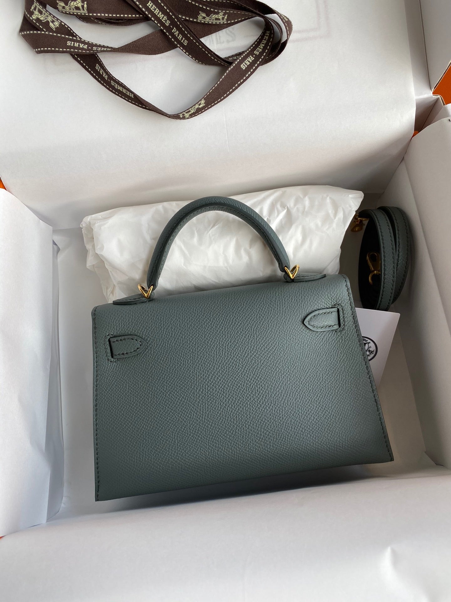 Hermes Kelly Mini II Sellier Bag In Vert Amande Epsom Leather