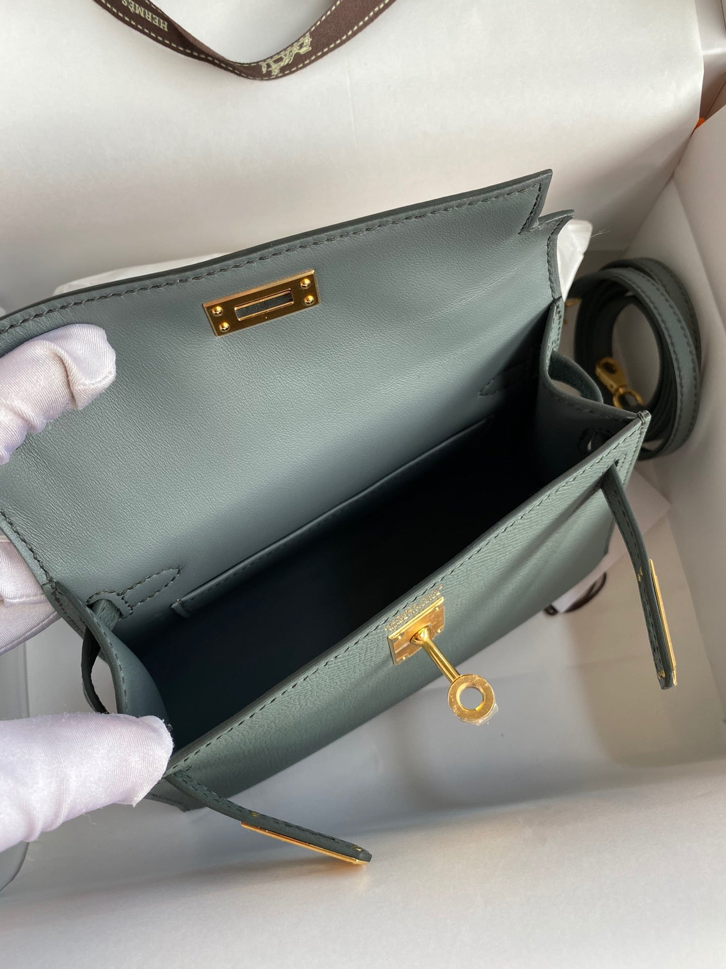 Hermes Kelly Mini II Sellier Bag In Vert Amande Epsom Leather