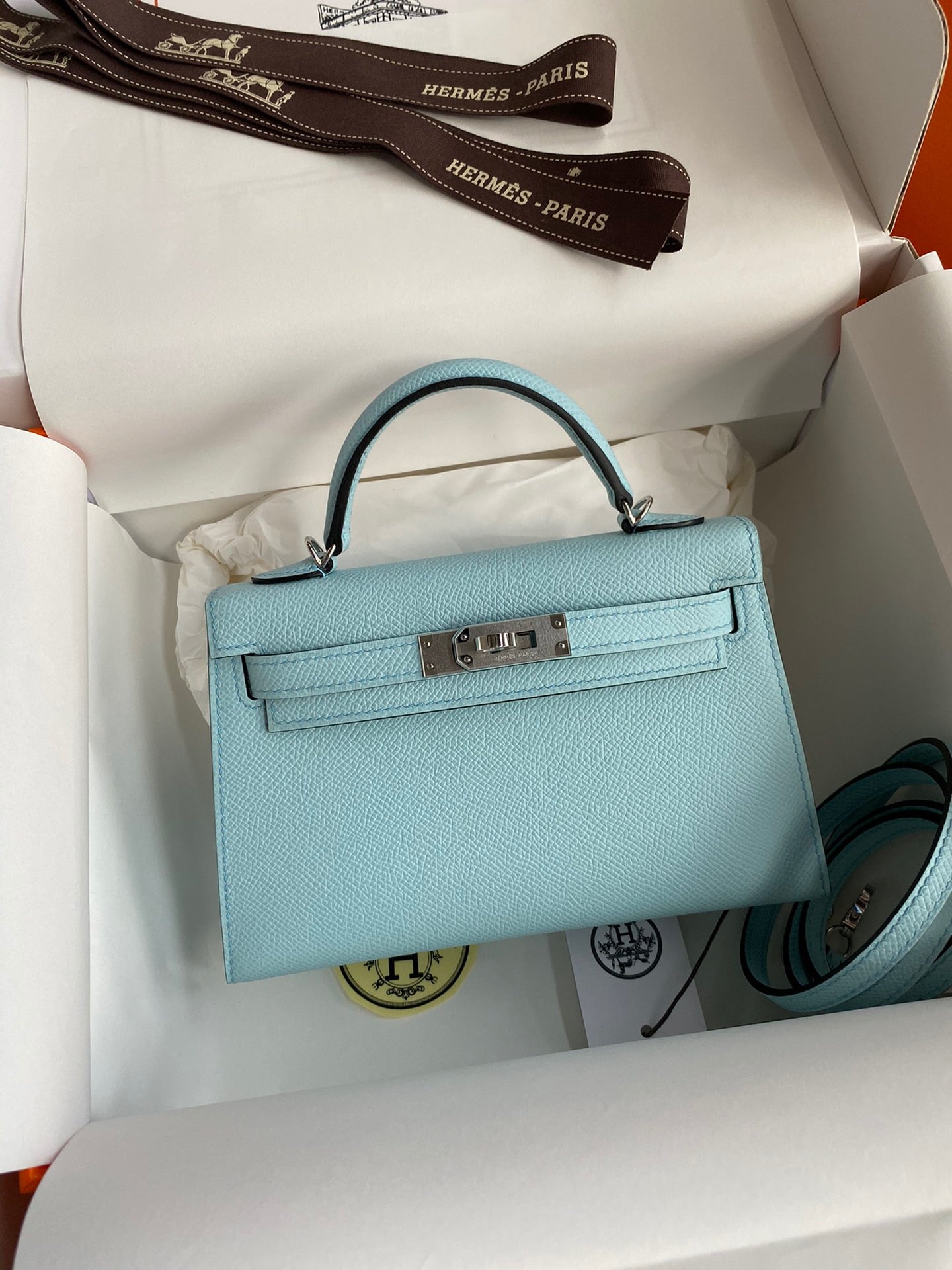 Hermes Kelly Mini II Sellier Bag In Blue Zephyr Epsom Leather