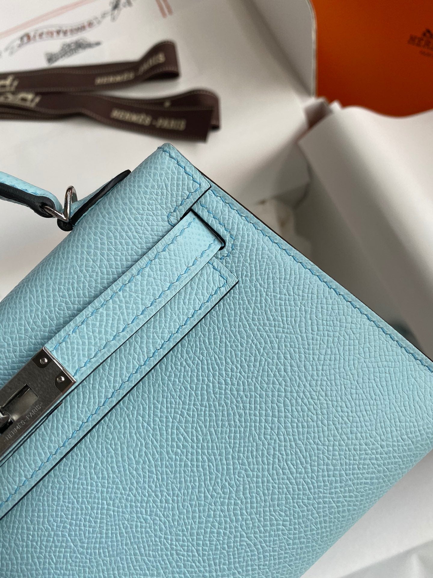 Hermes Kelly Mini II Sellier Bag In Blue Zephyr Epsom Leather