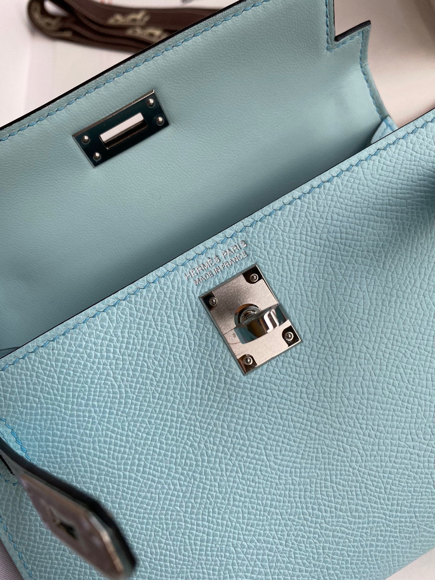 Hermes Kelly Mini II Sellier Bag In Blue Zephyr Epsom Leather