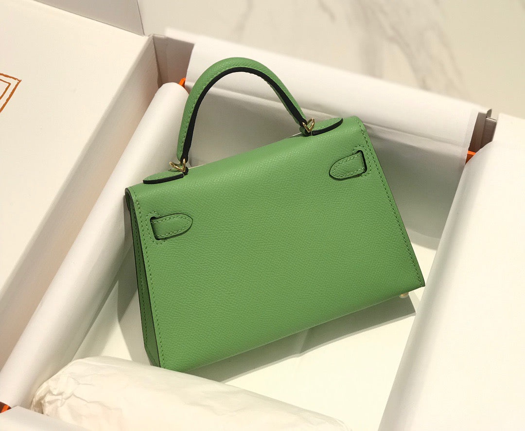 Hermes Kelly Mini II Sellier Bag In Vert Criquet Epsom Leather