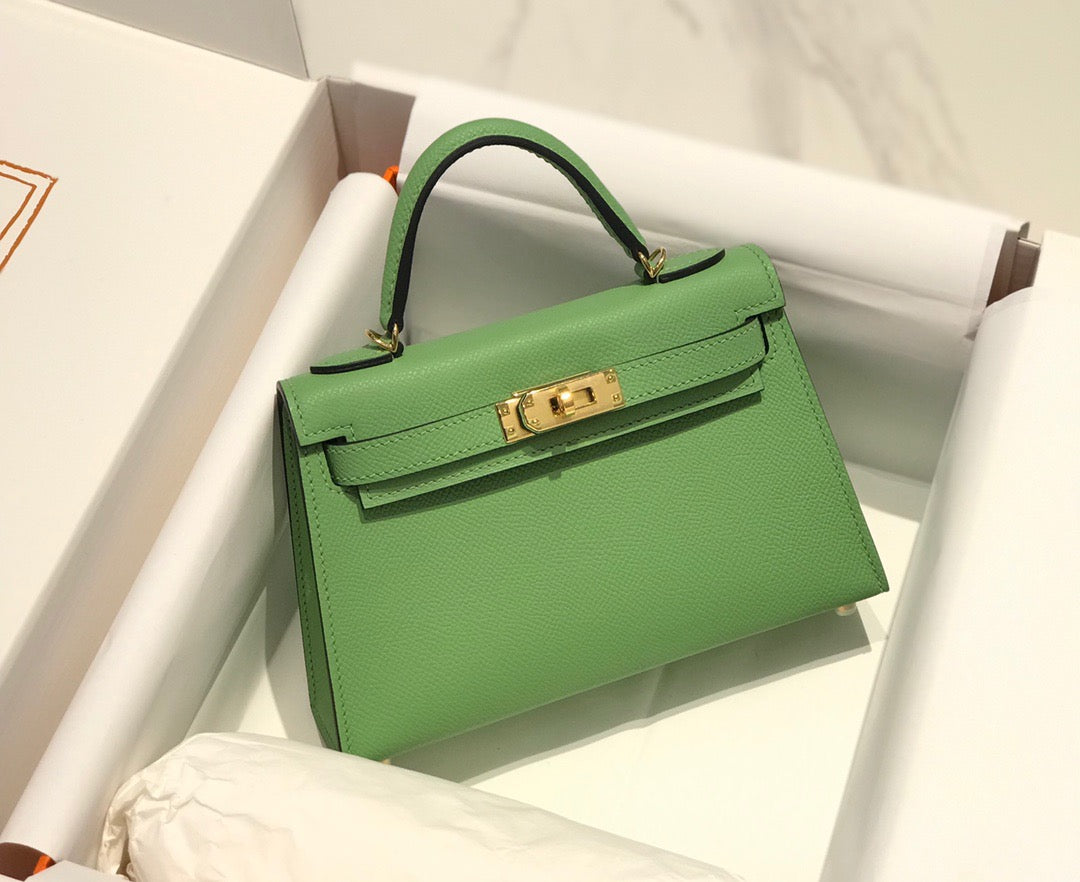 Hermes Kelly Mini II Sellier Bag In Vert Criquet Epsom Leather