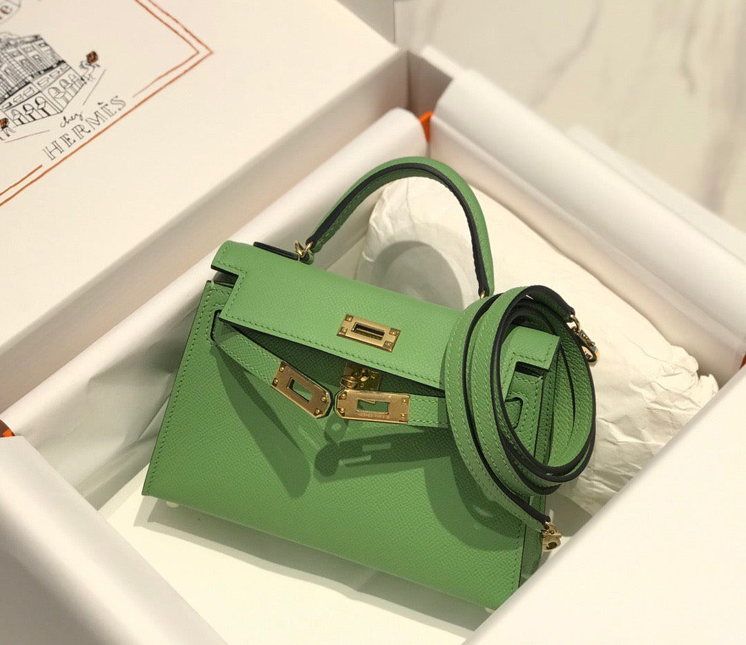 Hermes Kelly Mini II Sellier Bag In Vert Criquet Epsom Leather