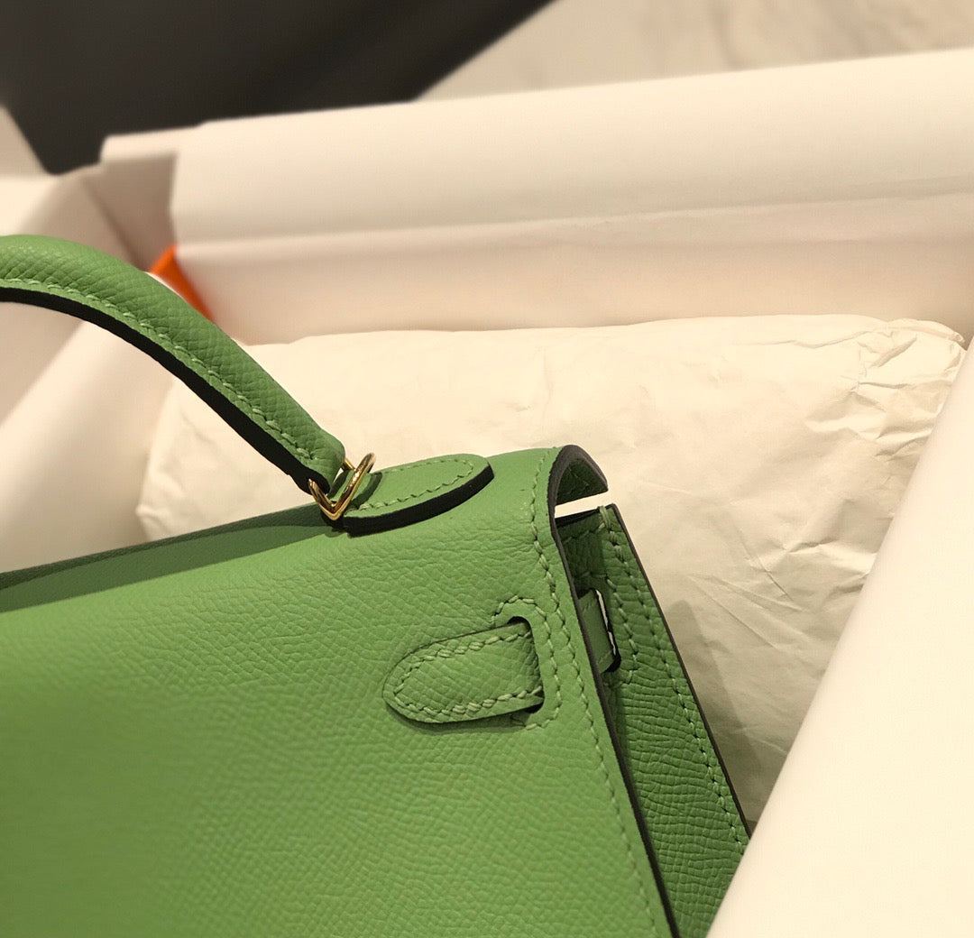 Hermes Kelly Mini II Sellier Bag In Vert Criquet Epsom Leather