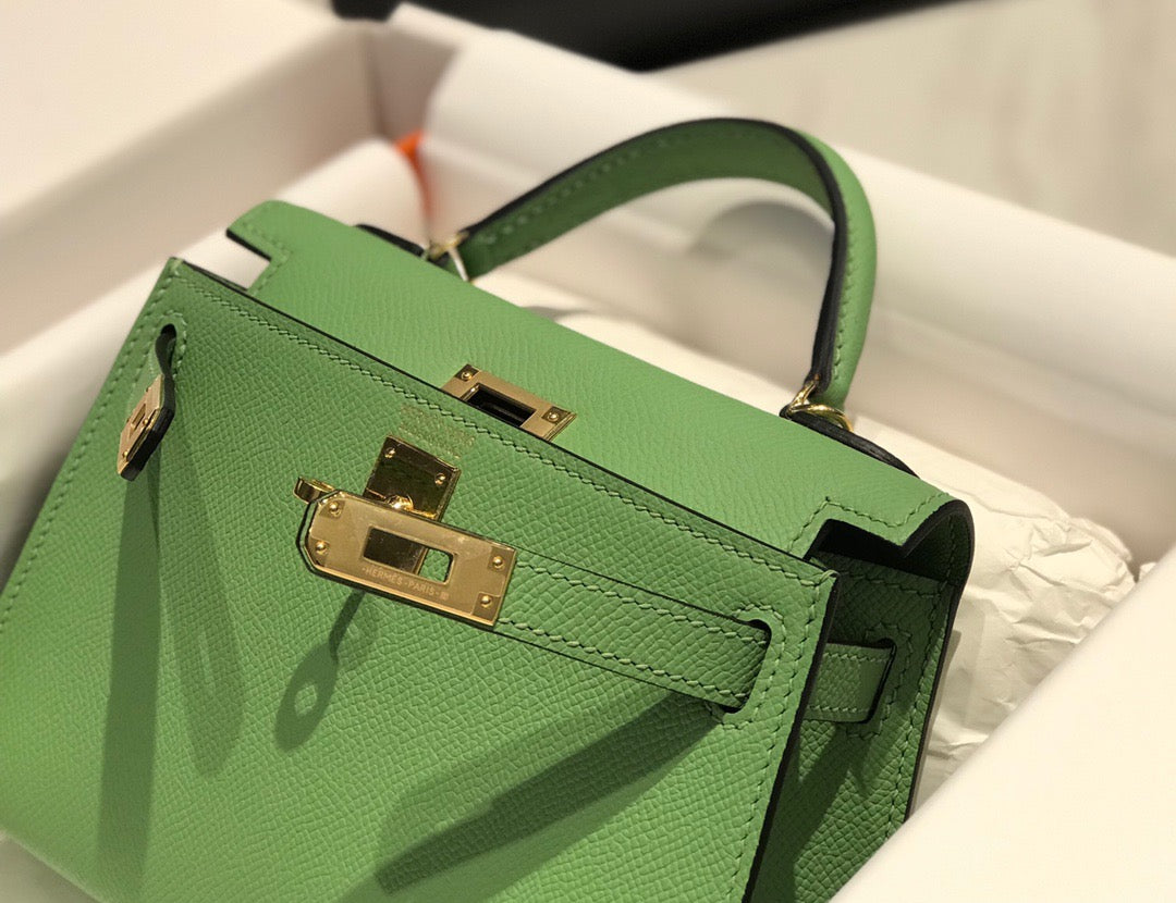 Hermes Kelly Mini II Sellier Bag In Vert Criquet Epsom Leather