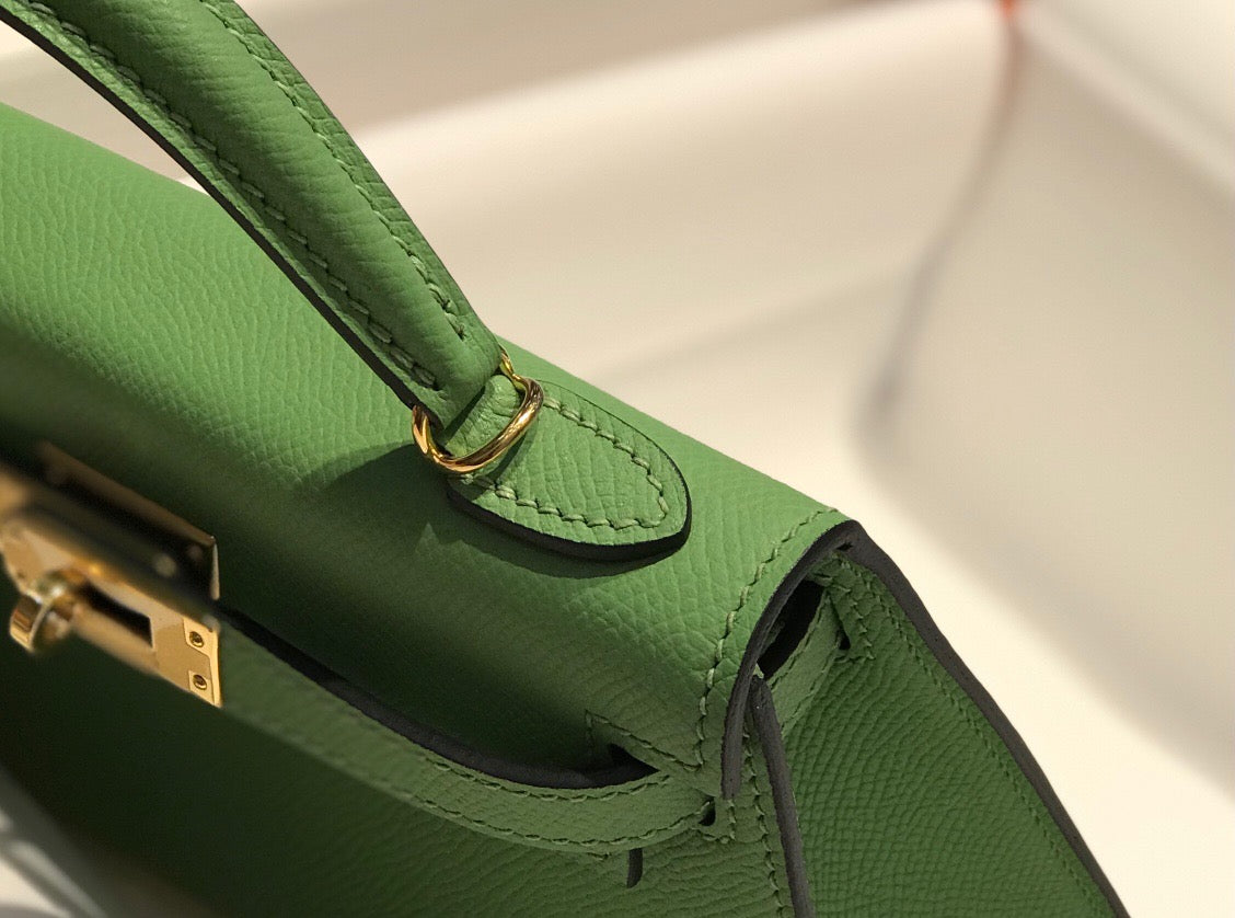 Hermes Kelly Mini II Sellier Bag In Vert Criquet Epsom Leather