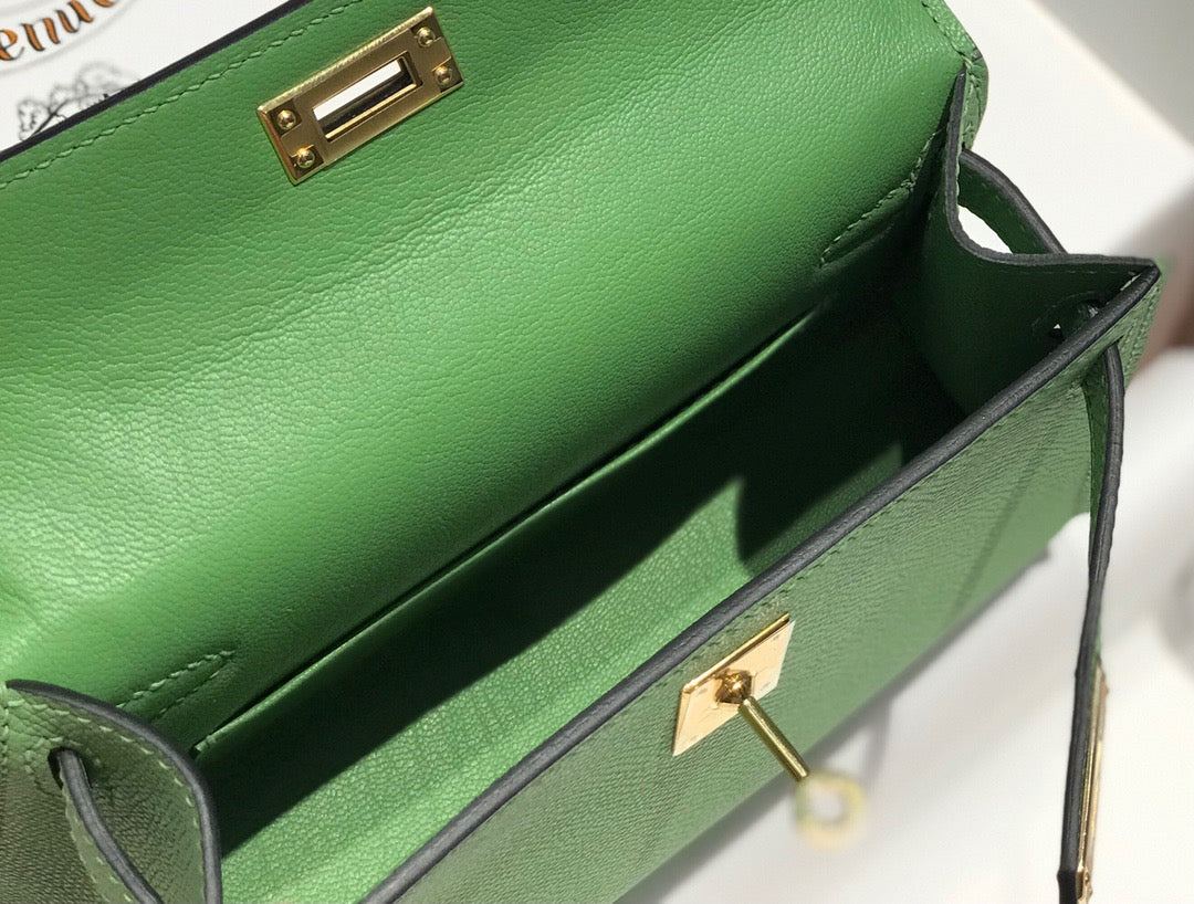 Hermes Kelly Mini II Sellier Bag In Vert Criquet Epsom Leather