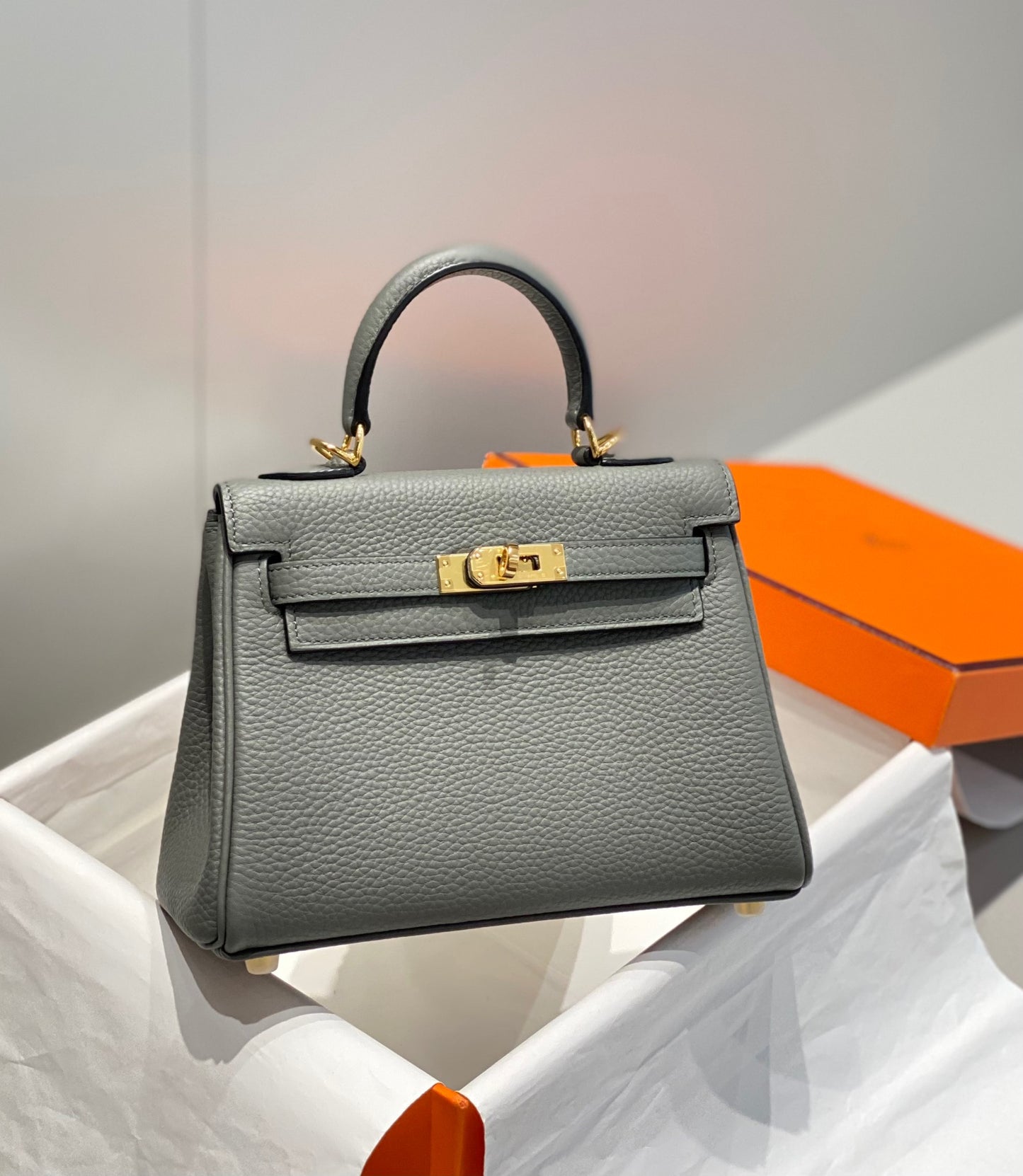 Hermes Kelly 20cm Bag In OL Gris Meyer Togo Leather