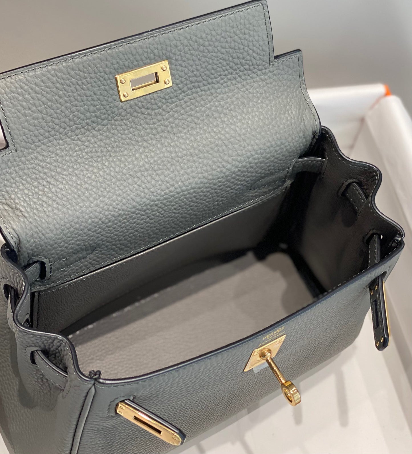 Hermes Kelly 20cm Bag In OL Gris Meyer Togo Leather