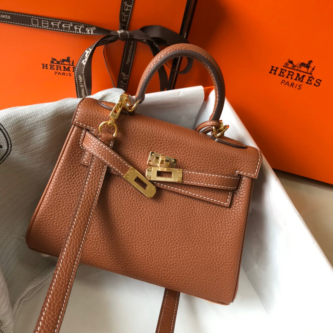 Hermes Kelly 20cm Bag In Gold Brown Togo Leather