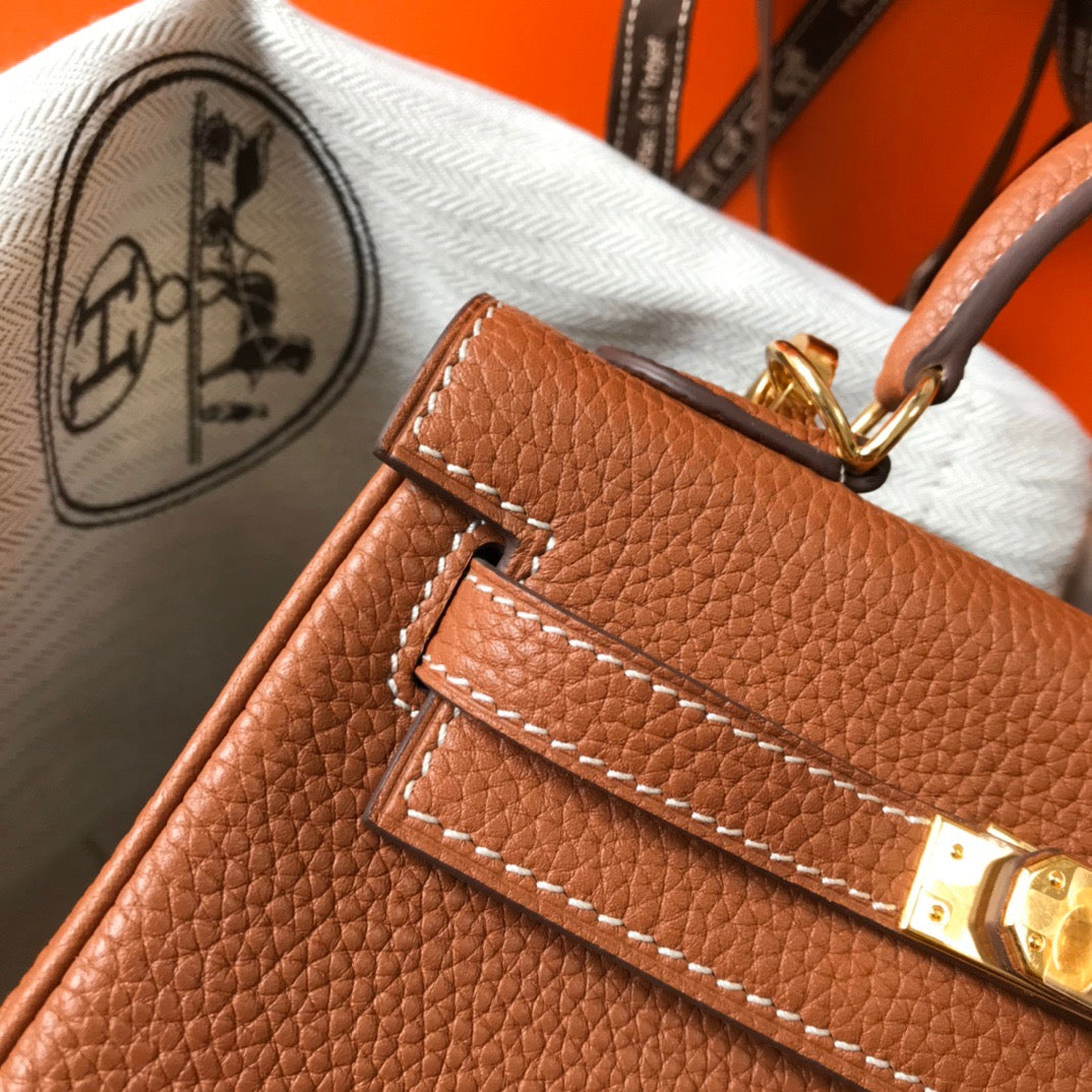 Hermes Kelly 20cm Bag In Gold Brown Togo Leather