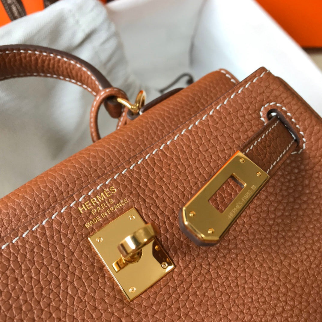 Hermes Kelly 20cm Bag In Gold Brown Togo Leather