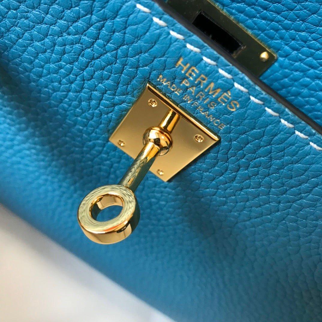 Hermes Kelly 20cm Bag In Blue Jean Togo Leather