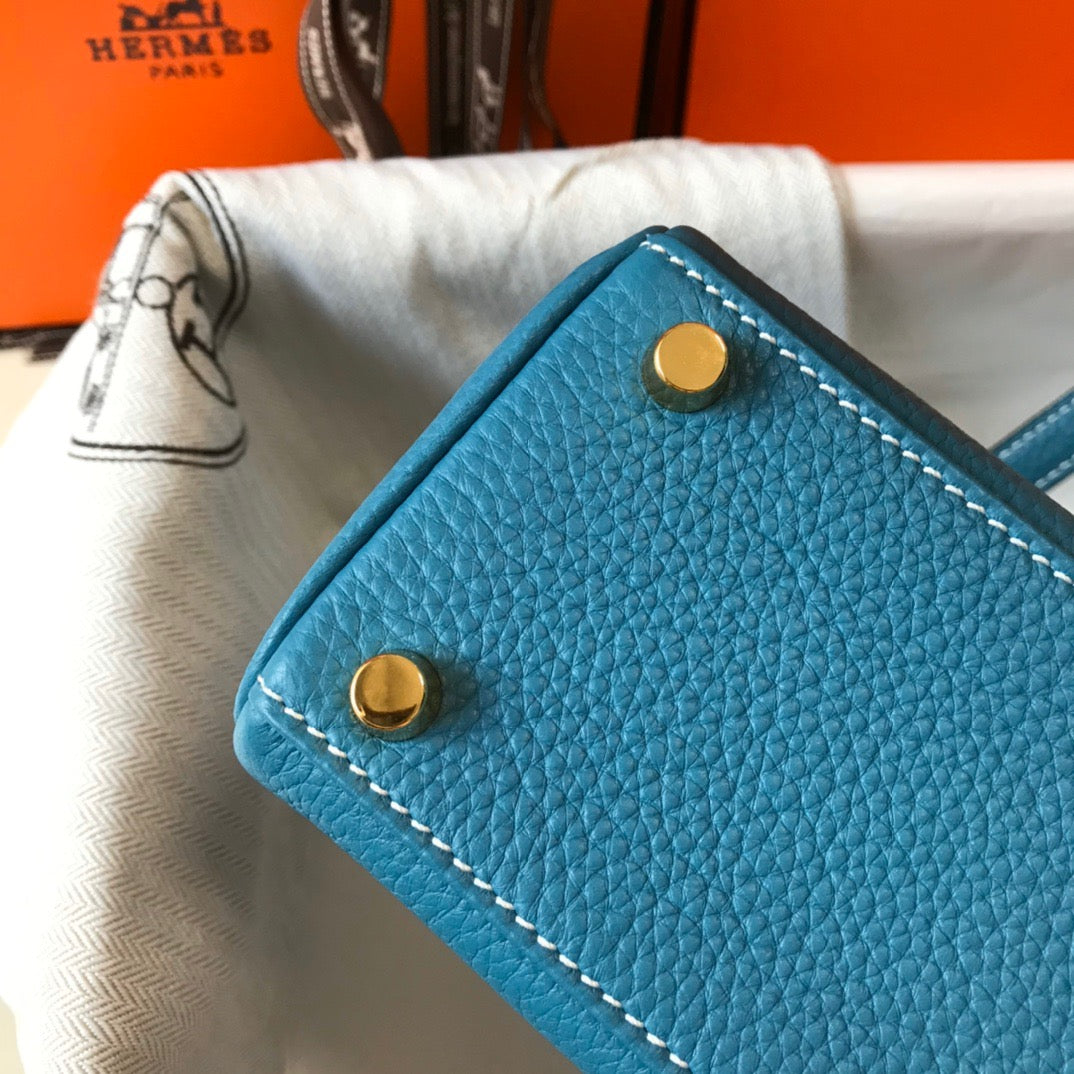 Hermes Kelly 20cm Bag In Blue Jean Togo Leather