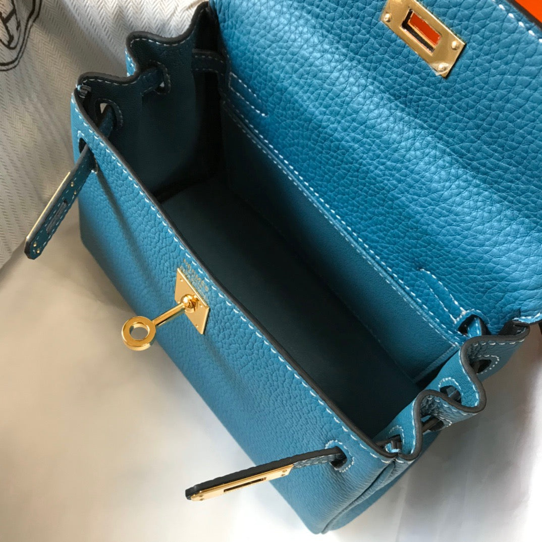 Hermes Kelly 20cm Bag In Blue Jean Togo Leather