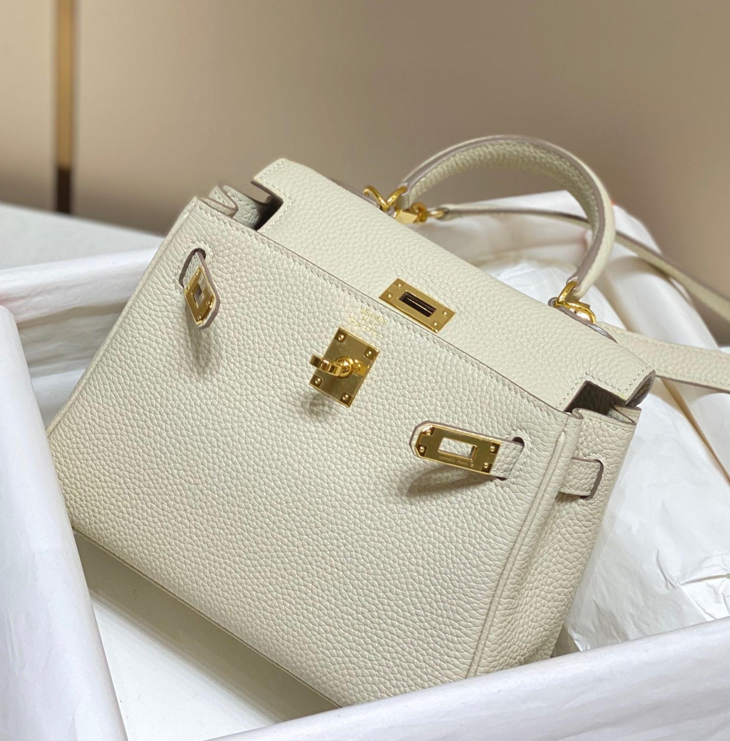 Hermes Kelly 20cm Bag In Wool White Togo Leather